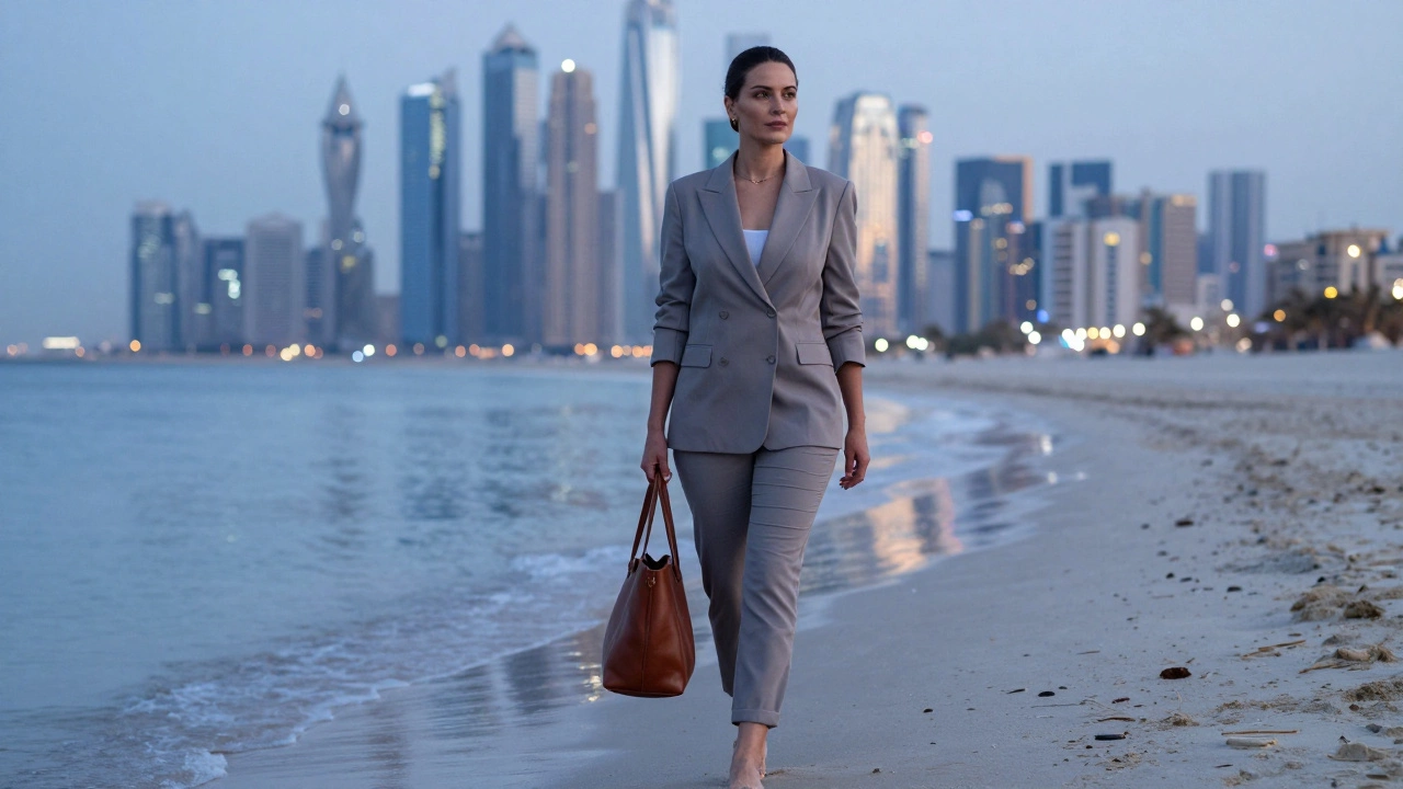 A confident woman walking alone along Jumeirah Beach at dusk, the Dubai skyline behind her.