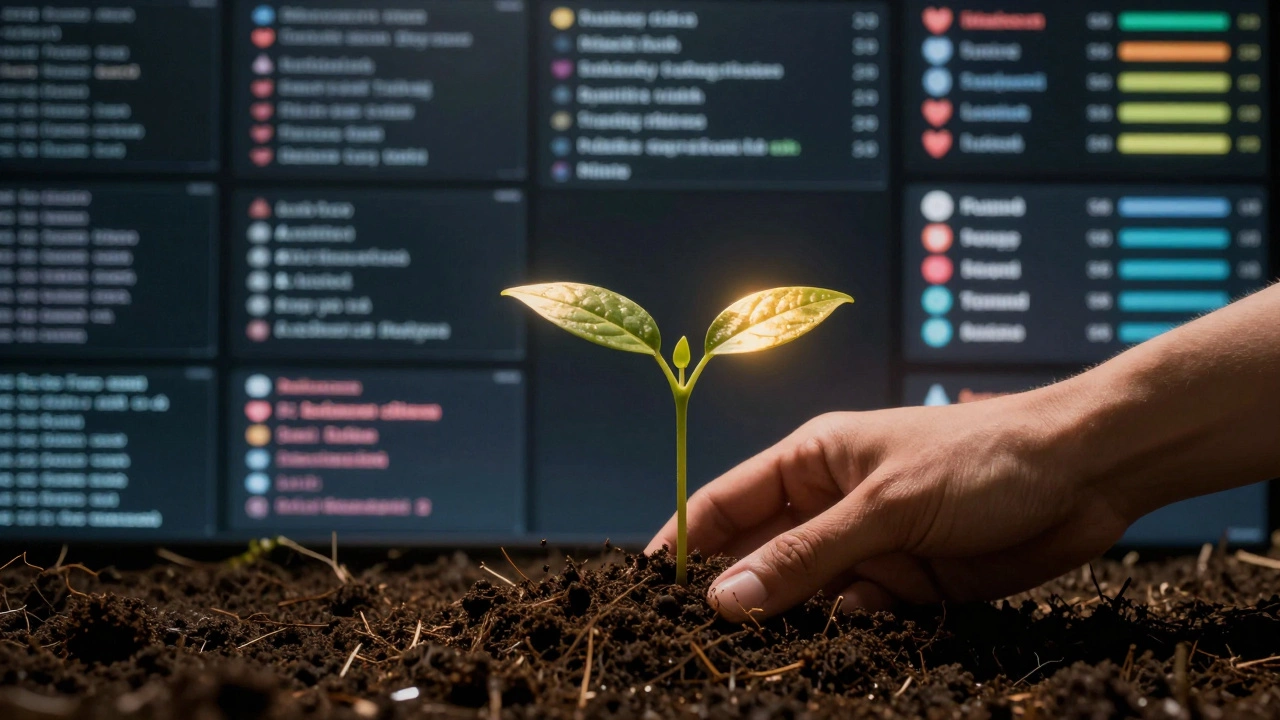 A hand planting a glowing seedling while chaotic social media screens blur behind in the distance.