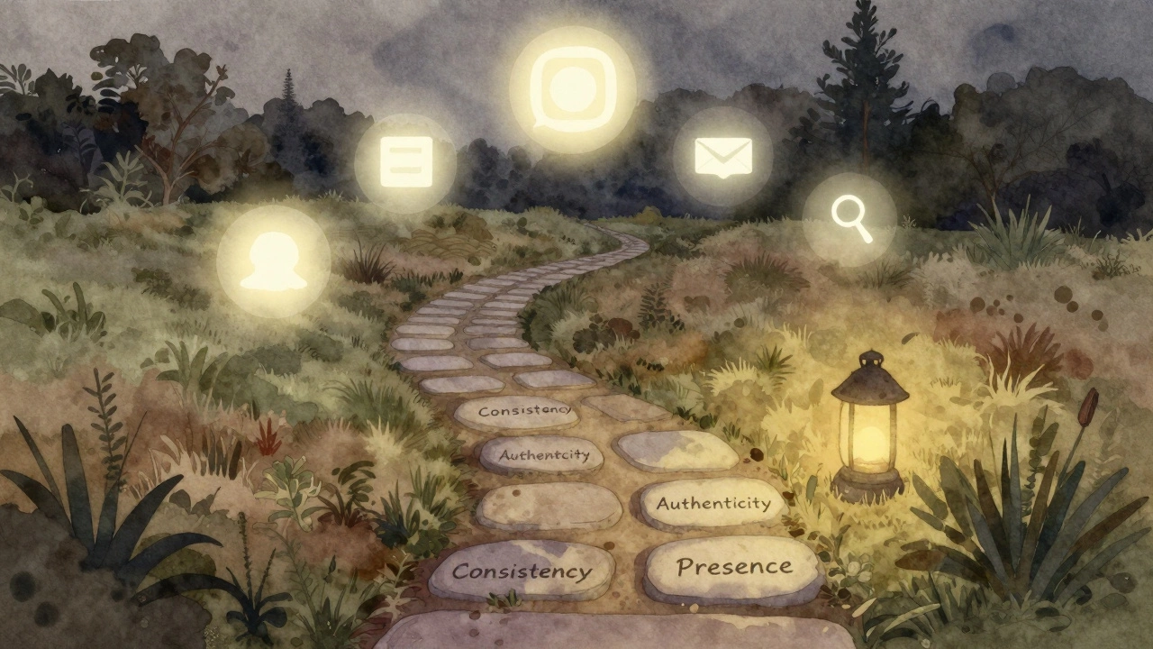 A peaceful garden path with stones marking core values, as digital trends fade above like passing lights.